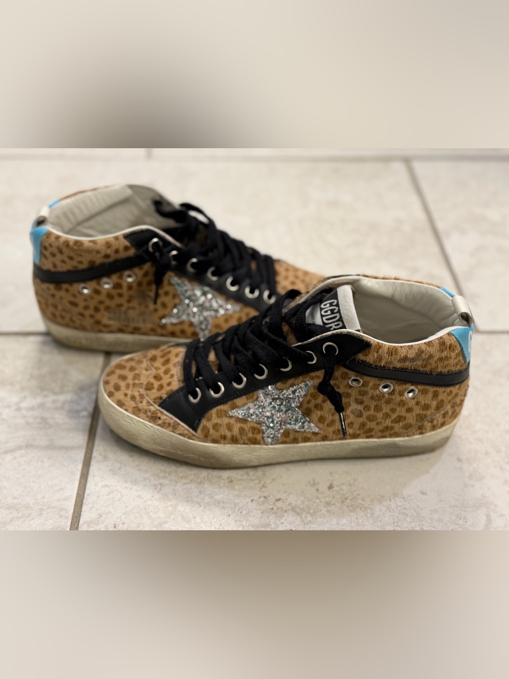 Golden Goose Leopard Print Sneakers with Silver Glitter Star